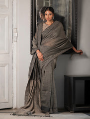 Elegant Kantha Embroidered Handwoven Bengal Linen Saree - Smokeleaf