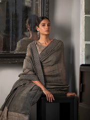 Elegant Kantha Embroidered Handwoven Bengal Linen Saree - Smokeleaf