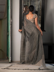 Elegant Kantha Embroidered Handwoven Bengal Linen Saree - Smokeleaf