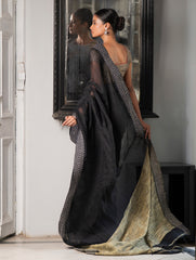 Elegant Kantha Embroidered Handwoven Bengal Linen Saree - Twilight Draft