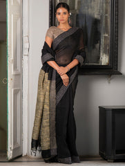 Elegant Kantha Embroidered Handwoven Bengal Linen Saree - Twilight Draft