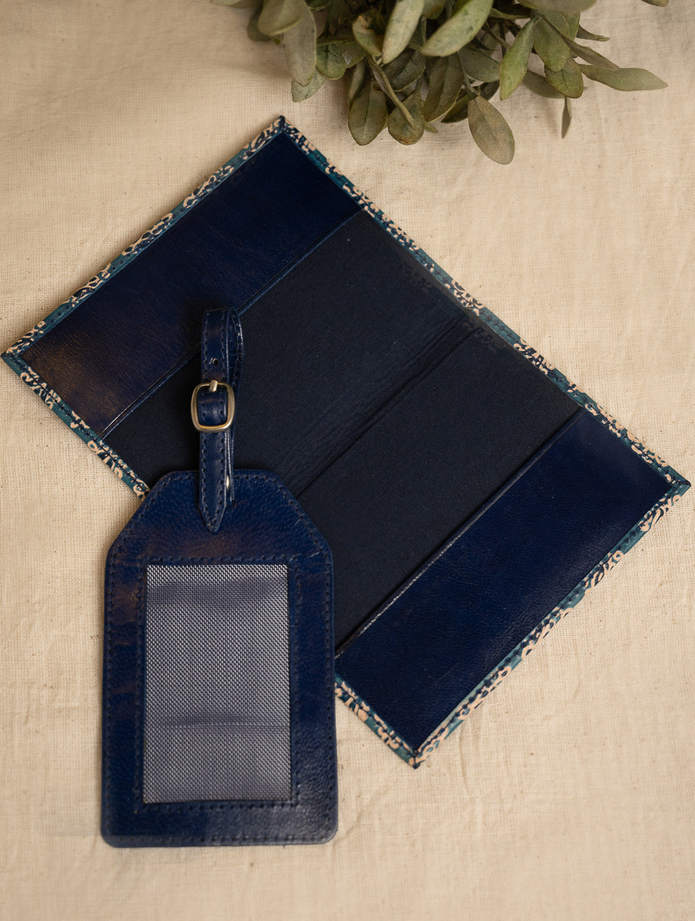 Embossed Leather Travel Set - Blue Flora (Set of 2)