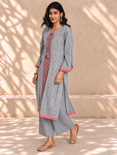 Ethnic Weaves. Bengal Handwoven Jamdani Light & Soft Mul Cotton Loose Fit Kurta - Soft Grey, (2 pc set)