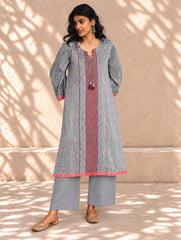 Ethnic Weaves. Bengal Handwoven Jamdani Light & Soft Mul Cotton Loose Fit Kurta - Soft Grey, (2 pc set)