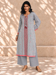 Ethnic Weaves. Bengal Handwoven Jamdani Light & Soft Mul Cotton Loose Fit Kurta - Soft Grey, (2 pc set)
