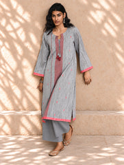 Ethnic Weaves. Bengal Handwoven Jamdani Light & Soft Mul Cotton Loose Fit Kurta - Soft Grey, (2 pc set)
