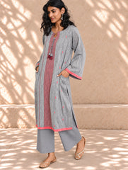 Ethnic Weaves. Bengal Handwoven Jamdani Light & Soft Mul Cotton Loose Fit Kurta - Soft Grey, (2 pc set)