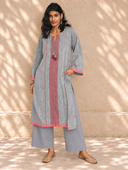 Ethnic Weaves. Bengal Handwoven Jamdani Light & Soft Mul Cotton Loose Fit Kurta - Soft Grey, (2 pc set)