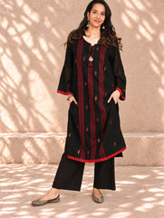 Ethnic Weaves. Bengal Handwoven Jamdani Light & Soft Mul Cotton Loose Fit Kurta - Stunning Black, (2 pc set)