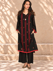 Ethnic Weaves. Bengal Handwoven Jamdani Light & Soft Mul Cotton Loose Fit Kurta - Stunning Black, (2 pc set)