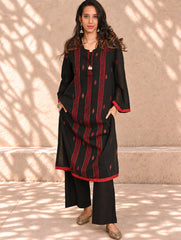 Ethnic Weaves. Bengal Handwoven Jamdani Light & Soft Mul Cotton Loose Fit Kurta - Stunning Black, (2 pc set)