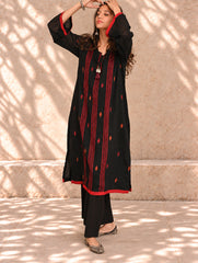 Ethnic Weaves. Bengal Handwoven Jamdani Light & Soft Mul Cotton Loose Fit Kurta - Stunning Black, (2 pc set)