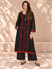 Ethnic Weaves. Bengal Handwoven Jamdani Light & Soft Mul Cotton Loose Fit Kurta - Stunning Black, (2 pc set)