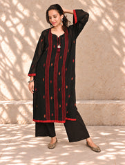 Ethnic Weaves. Bengal Handwoven Jamdani Light & Soft Mul Cotton Loose Fit Kurta - Stunning Black, (2 pc set)