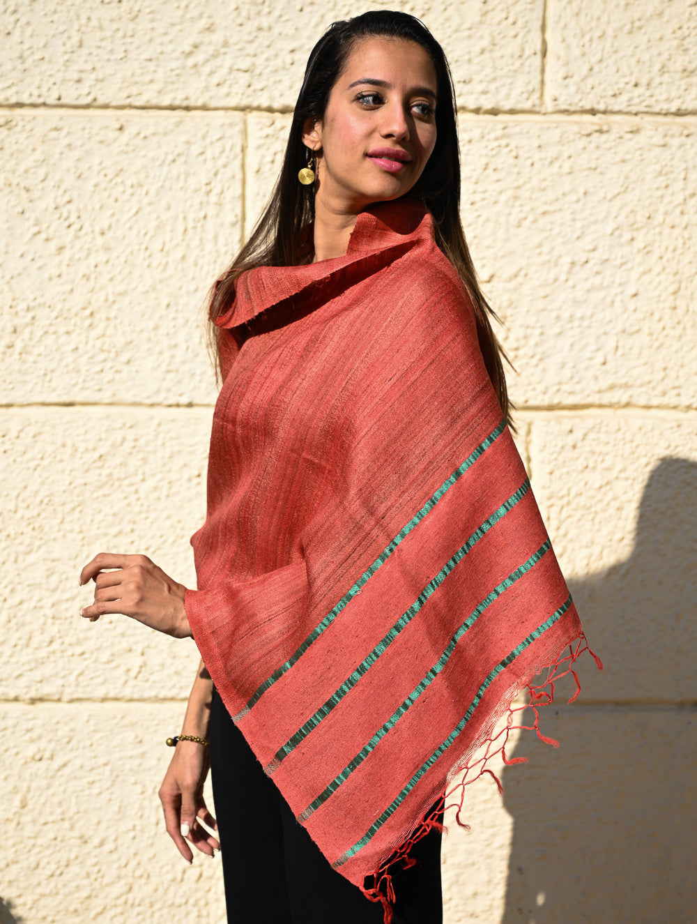 Exclusive Bhagalpur Tussar Silk Stole - Coral Sea