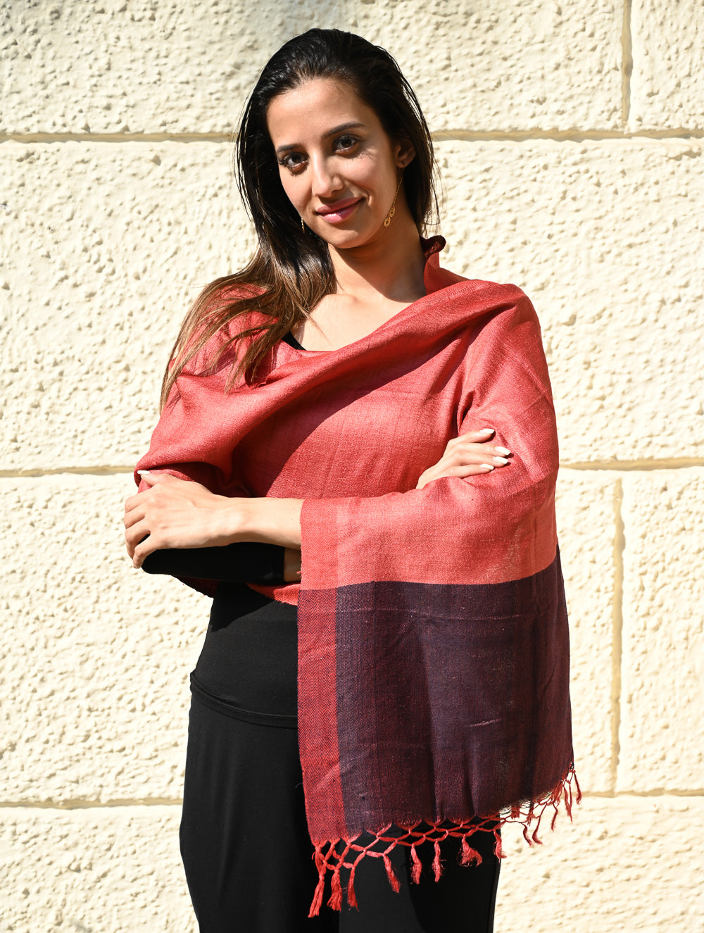Exclusive Bhagalpur Tussar Silk Stole - Crimson Bark