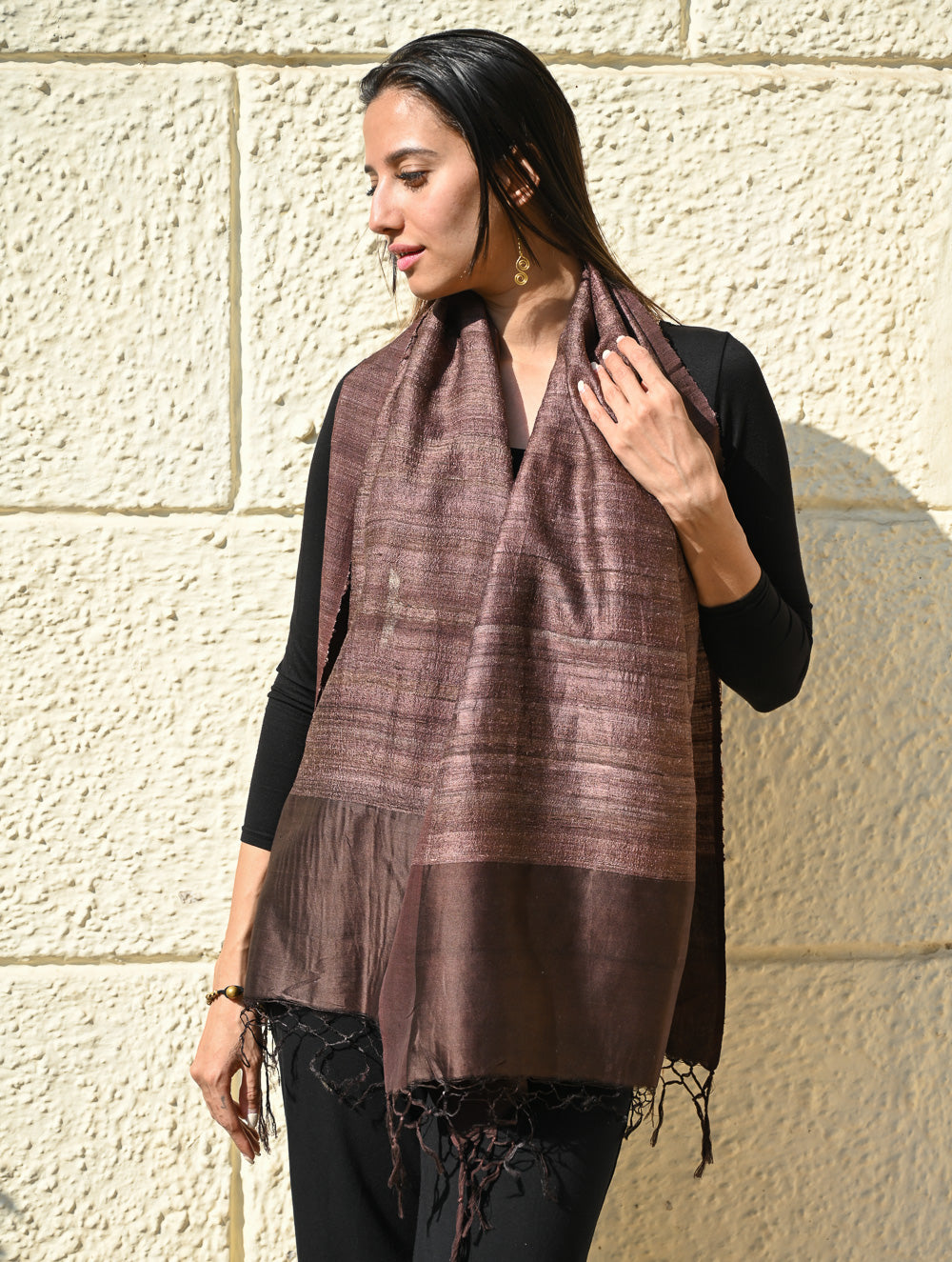 Exclusive Bhagalpur Tussar Silk Stole - Taupe Smoked