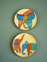 Exclusive Gond Art Wooden Wall Plate / Table Curio - The Elephants Duo (Set of 2)