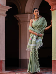 Exclusive Soft Handwoven Bengal Cotton Jamdani Saree - Celadon Veil