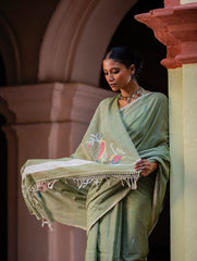 Exclusive Soft Handwoven Bengal Cotton Jamdani Saree - Celadon Veil