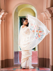 Exclusive Soft Handwoven Bengal Cotton Jamdani Saree - White Flora