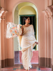 Exclusive Soft Handwoven Bengal Cotton Jamdani Saree - White Flora