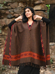 Exclusive Soft Himachal Wool Poncho with Woven Border - Rustic Mocha