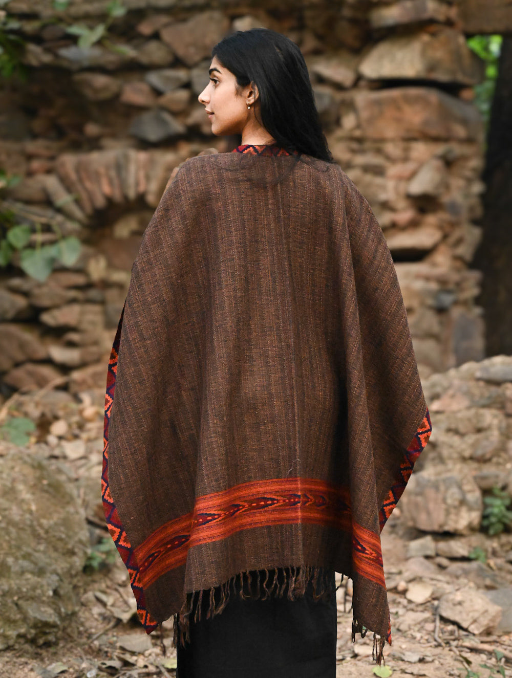 Exclusive Soft Himachal Wool Poncho with Woven Border - Rustic Mocha