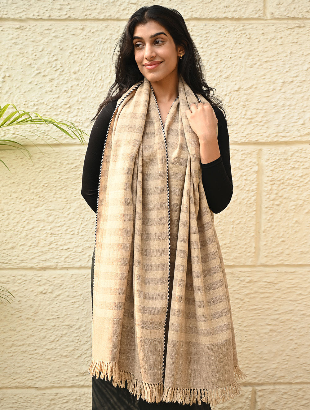 Exclusive Soft Himachal Wool Shawl with Woven Border - Baked Cream