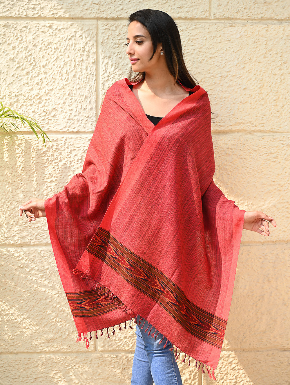 Exclusive Soft Himachal Wool Stole with Woven Border - Coral Trail