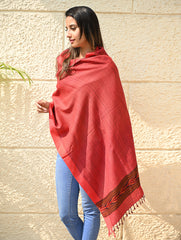 Exclusive Soft Himachal Wool Stole with Woven Border - Coral Trail