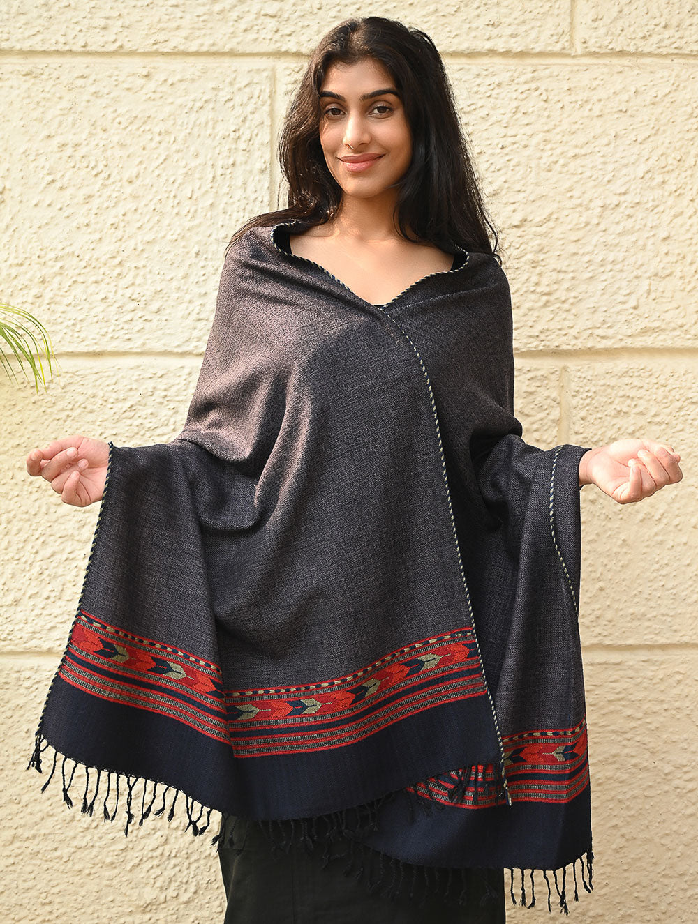 Exclusive Soft Himachal Wool Stole with Woven Border - Smoky Trail