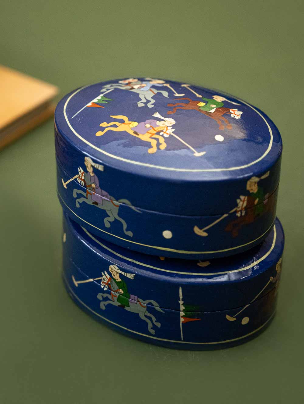 Exclusive, Fine Kashmiri Art Decorative Boxes - Blue Oval Polo (Set of 2)