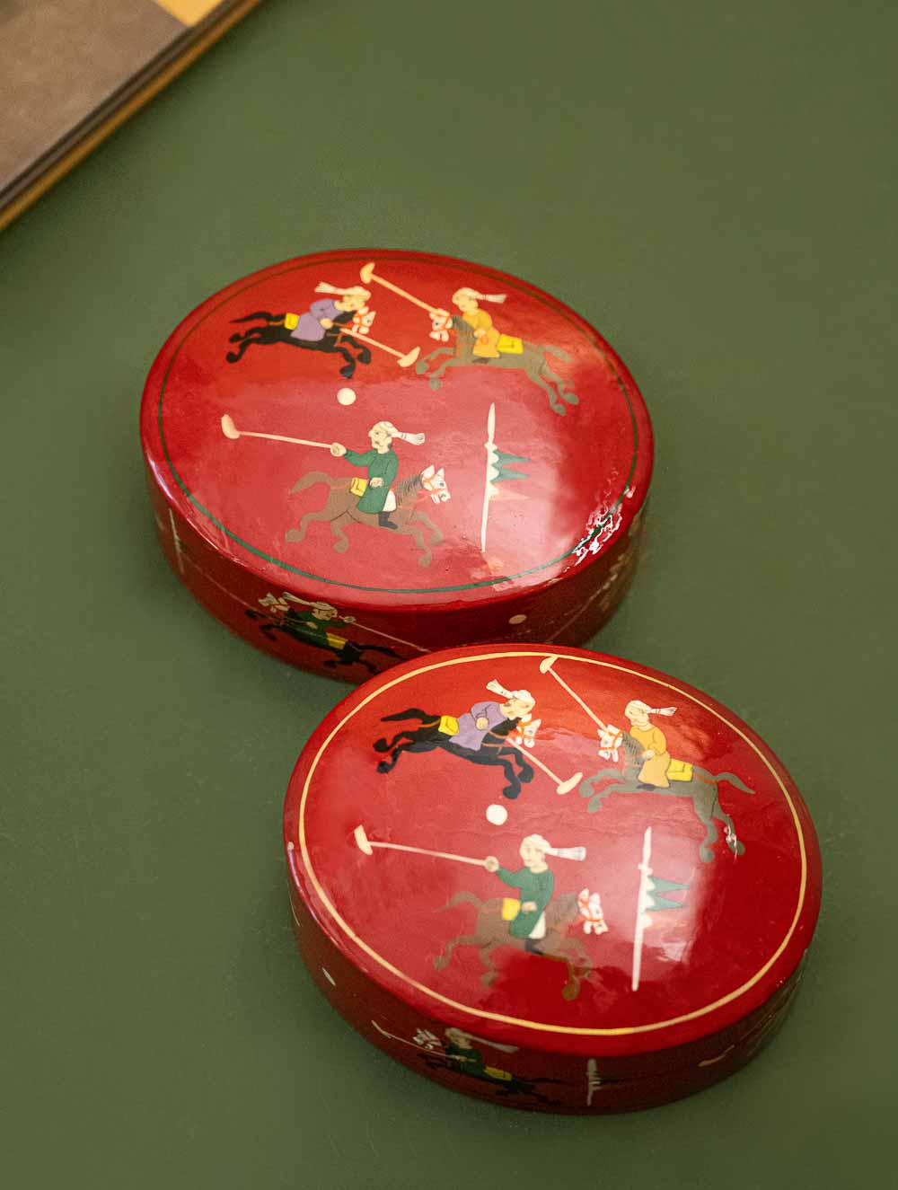 Exclusive, Fine Kashmiri Art Decorative Boxes - Red Round Polo (Set of 2)