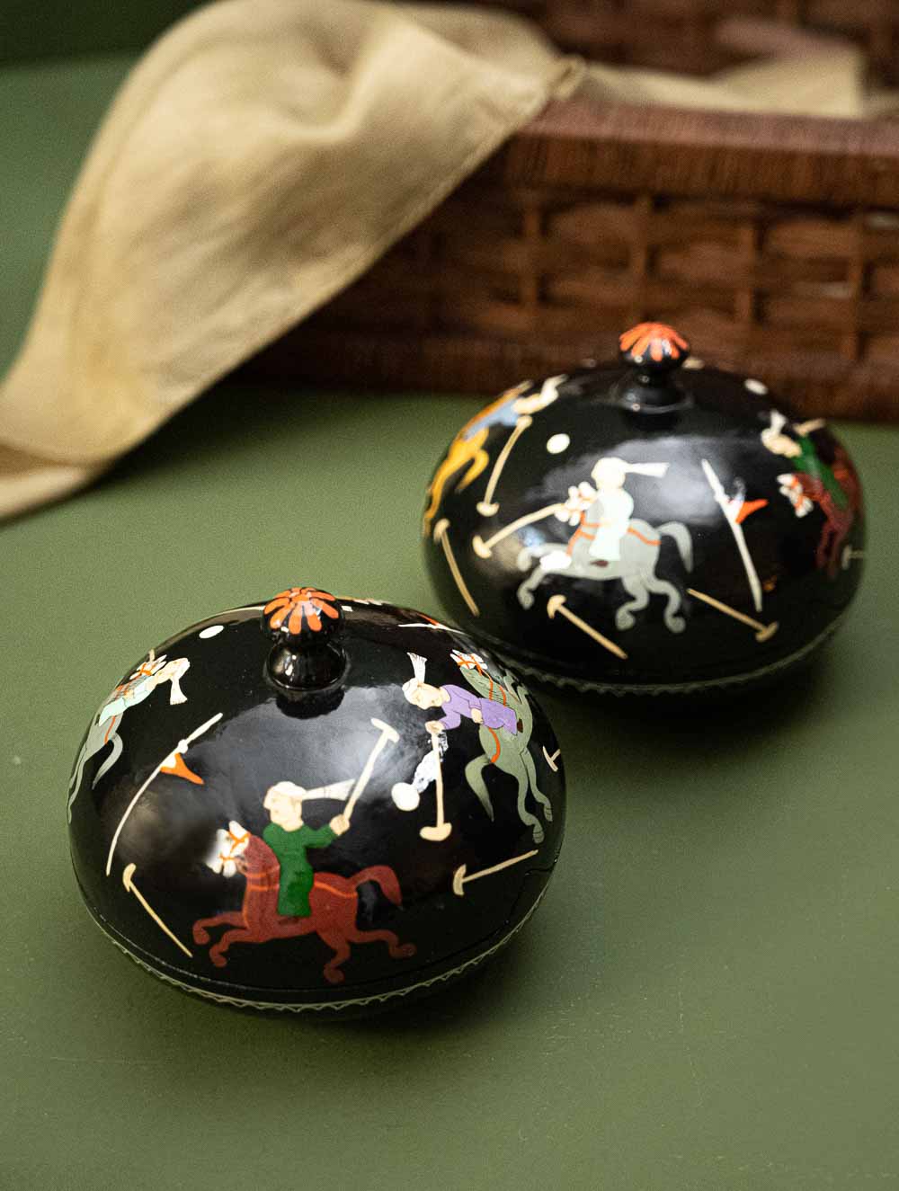 Exclusive, Fine Kashmiri Art Decorative Dome Boxes - Black Polo (Set of 2)