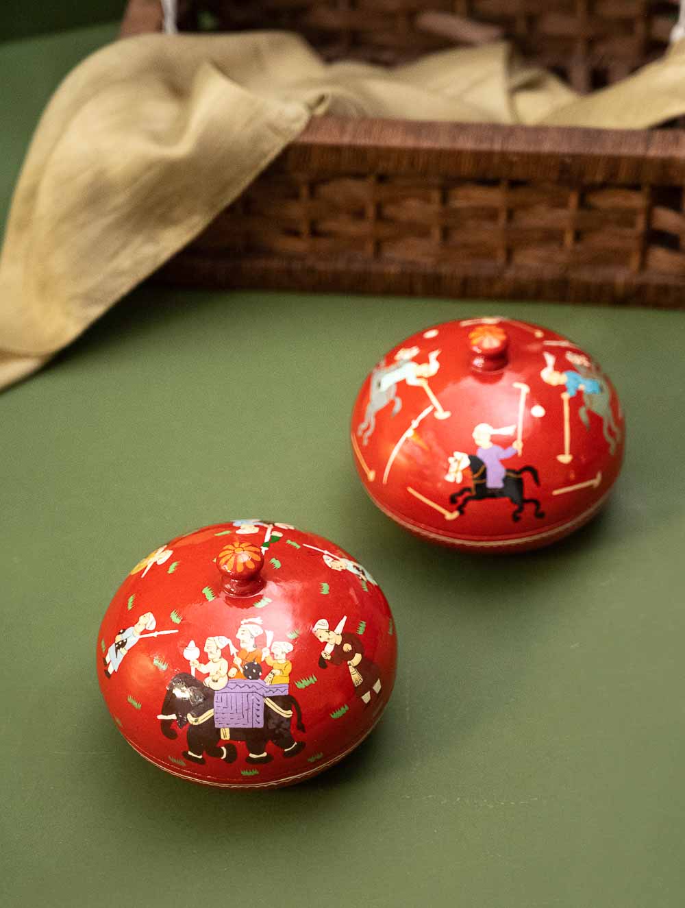 Exclusive, Fine Kashmiri Art Decorative Dome Boxes - Red Polo (Set of 2)