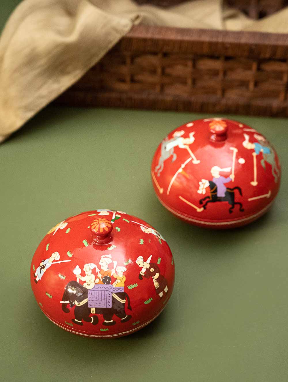 Exclusive, Fine Kashmiri Art Decorative Dome Boxes - Red Polo (Set of 2)