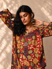 Exclusive, Authentic Kalamkari Cotton Loose Fit Kurta Set - Red Flora (2 pc set)