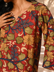Exclusive, Authentic Kalamkari Cotton Loose Fit Kurta Set - Red Flora (2 pc set)