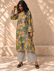 Exclusive, Authentic Kalamkari Cotton Loose Fit Kurta Set - Soft Grey Flora, (2 pc set)
