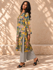 Exclusive, Authentic Kalamkari Cotton Loose Fit Kurta Set - Soft Grey Flora, (2 pc set)