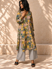 Exclusive, Authentic Kalamkari Cotton Loose Fit Kurta Set - Soft Grey Flora, (2 pc set)