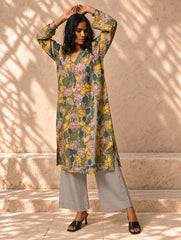 Exclusive, Authentic Kalamkari Cotton Loose Fit Kurta Set - Soft Grey Flora, (2 pc set)