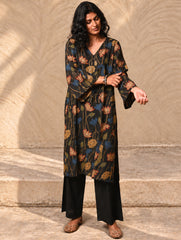 Exclusive, Authentic Kalamkari Silk Viscose Blend Loose Fit Kurta Set - Black Lotus (2 pc set)
