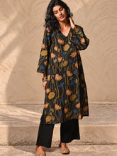 Exclusive, Authentic Kalamkari Silk Viscose Blend Loose Fit Kurta Set - Black Lotus (2 pc set)