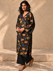 Exclusive, Authentic Kalamkari Silk Viscose Blend Loose Fit Kurta Set - Black Lotus (2 pc set)