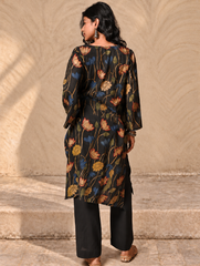Exclusive, Authentic Kalamkari Silk Viscose Blend Loose Fit Kurta Set - Black Lotus (2 pc set)