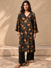 Exclusive, Authentic Kalamkari Silk Viscose Blend Loose Fit Kurta Set - Black Lotus (2 pc set)