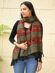 Fine, Soft Himachal Self Striped Wool Stole - 3 Panels, Pine Mist