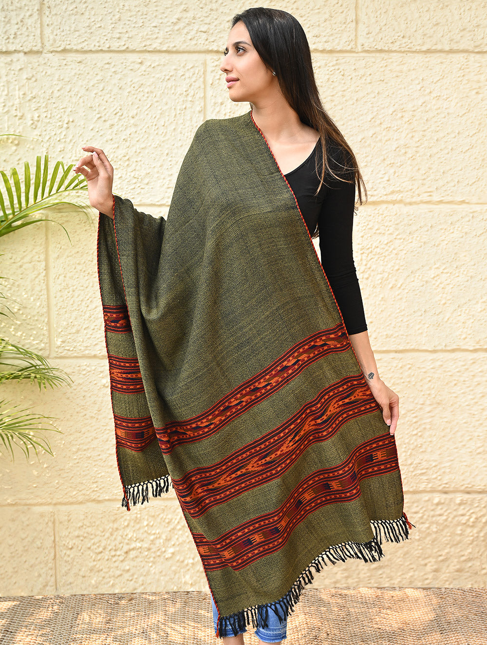 Fine, Soft Himachal Self Striped Wool Stole - 3 Panels, Pine Mist